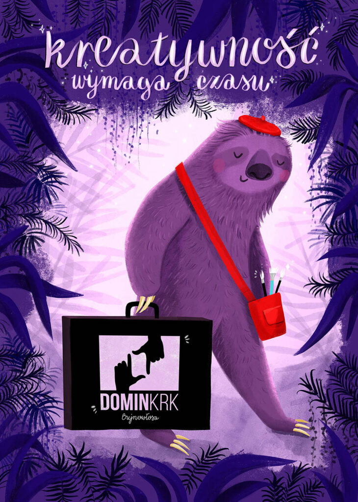 ilustrowany leniwiec z akcesoriami do malowania