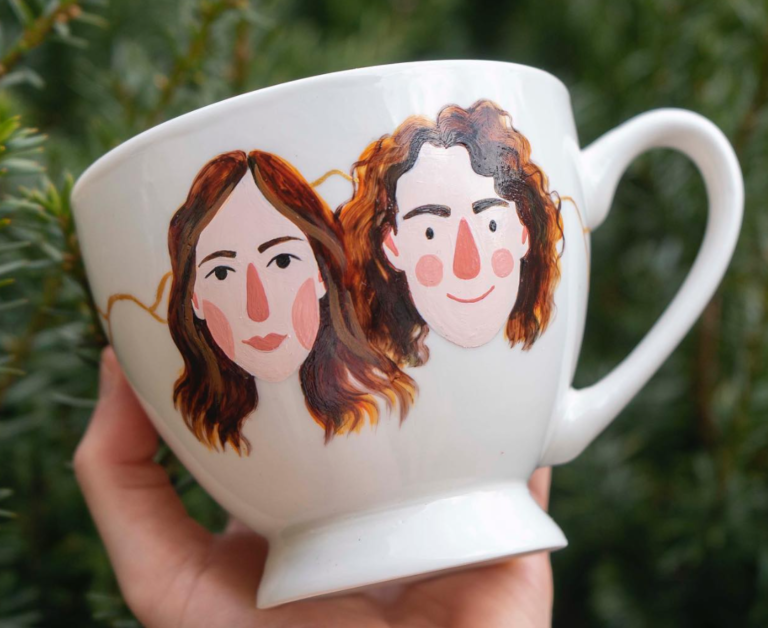przepiękny portret ślubny malowany na kubeczku