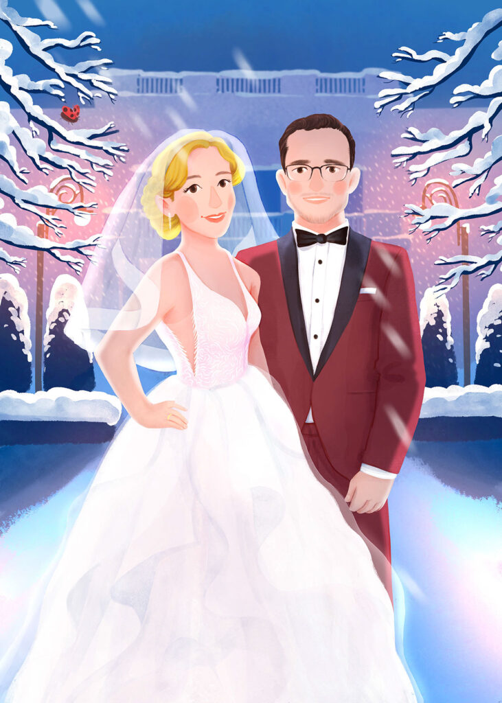 Portret ślubny w śnieżnej scenerii